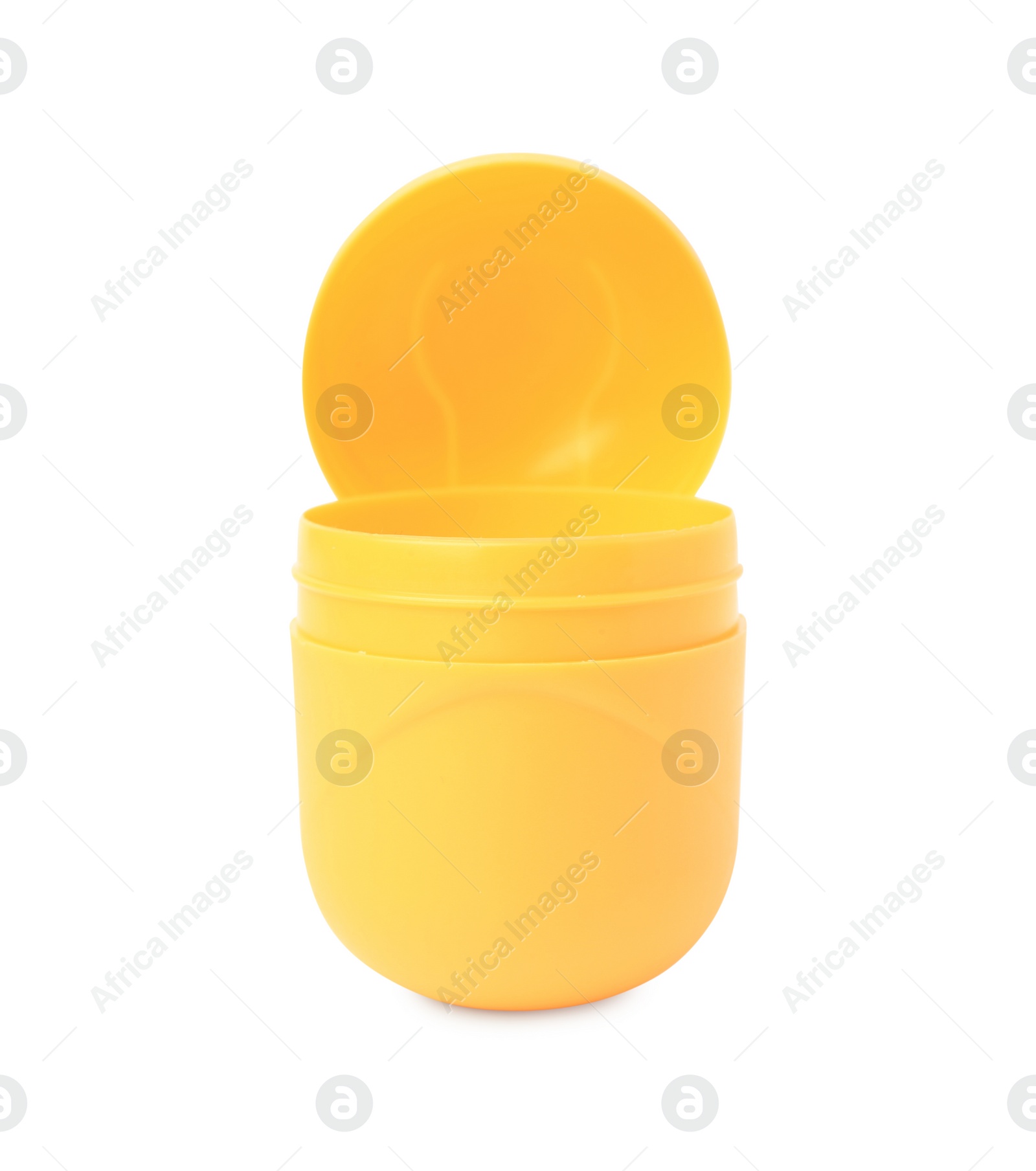 Photo of Slynchev Bryag, Bulgaria - May 23, 2023: Opened yellow plastic capsule from Kinder Surprise Egg isolated on white