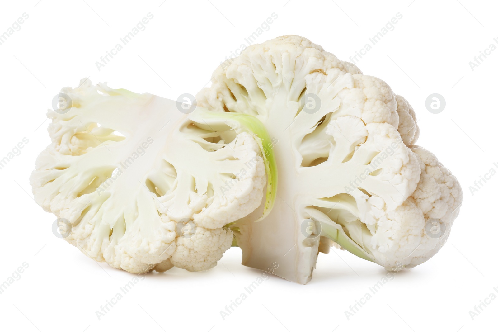 Photo of Cut fresh raw cauliflowers on white background