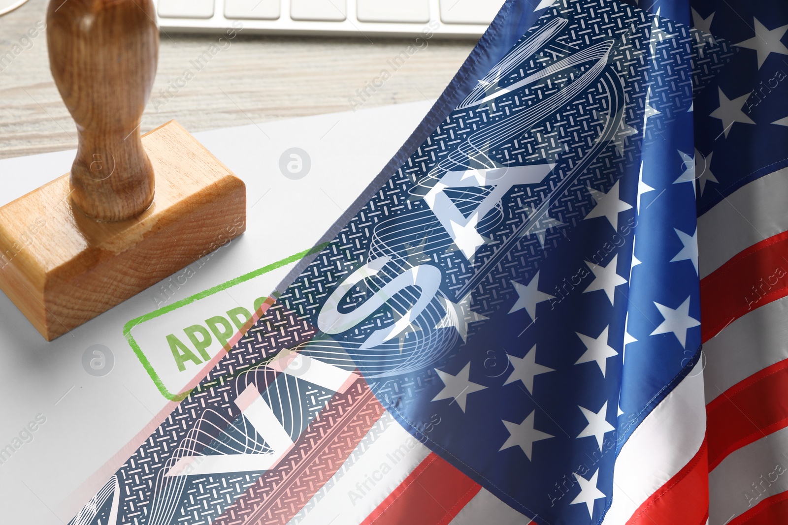 Image of Visa to United States of America, multiple exposure with national flag of USA