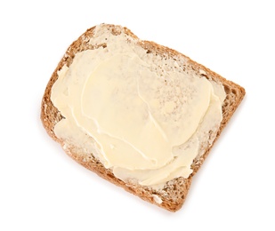 Fresh bread with butter on white background, top view