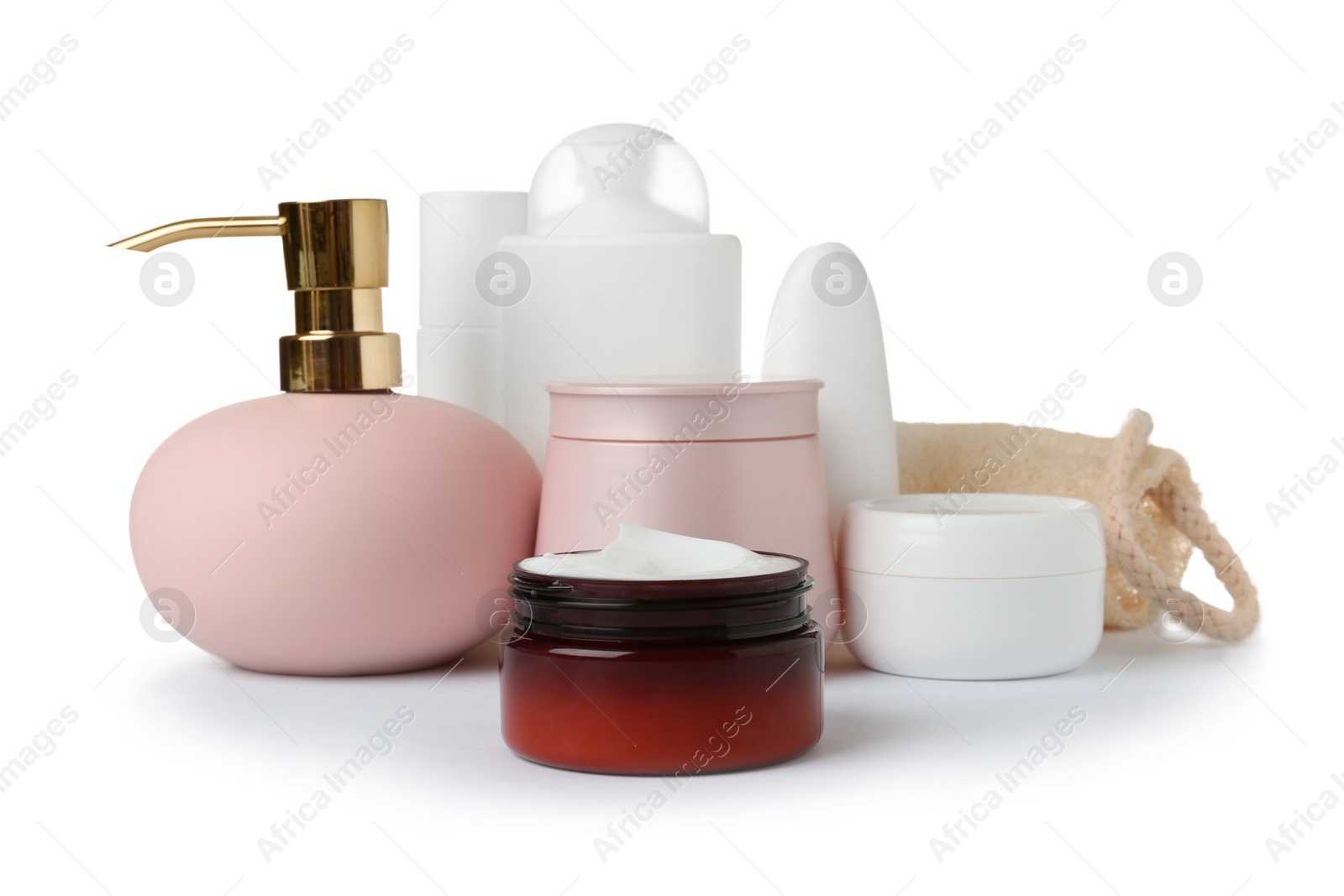 Photo of Different body care products and wisp on white background