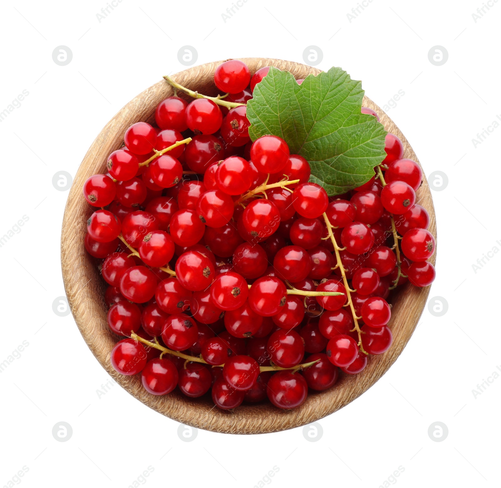 Photo of Delicious ripe red currants in bowl isolated on white, top view