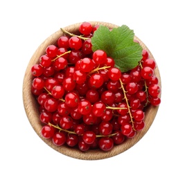 Delicious ripe red currants in bowl isolated on white, top view