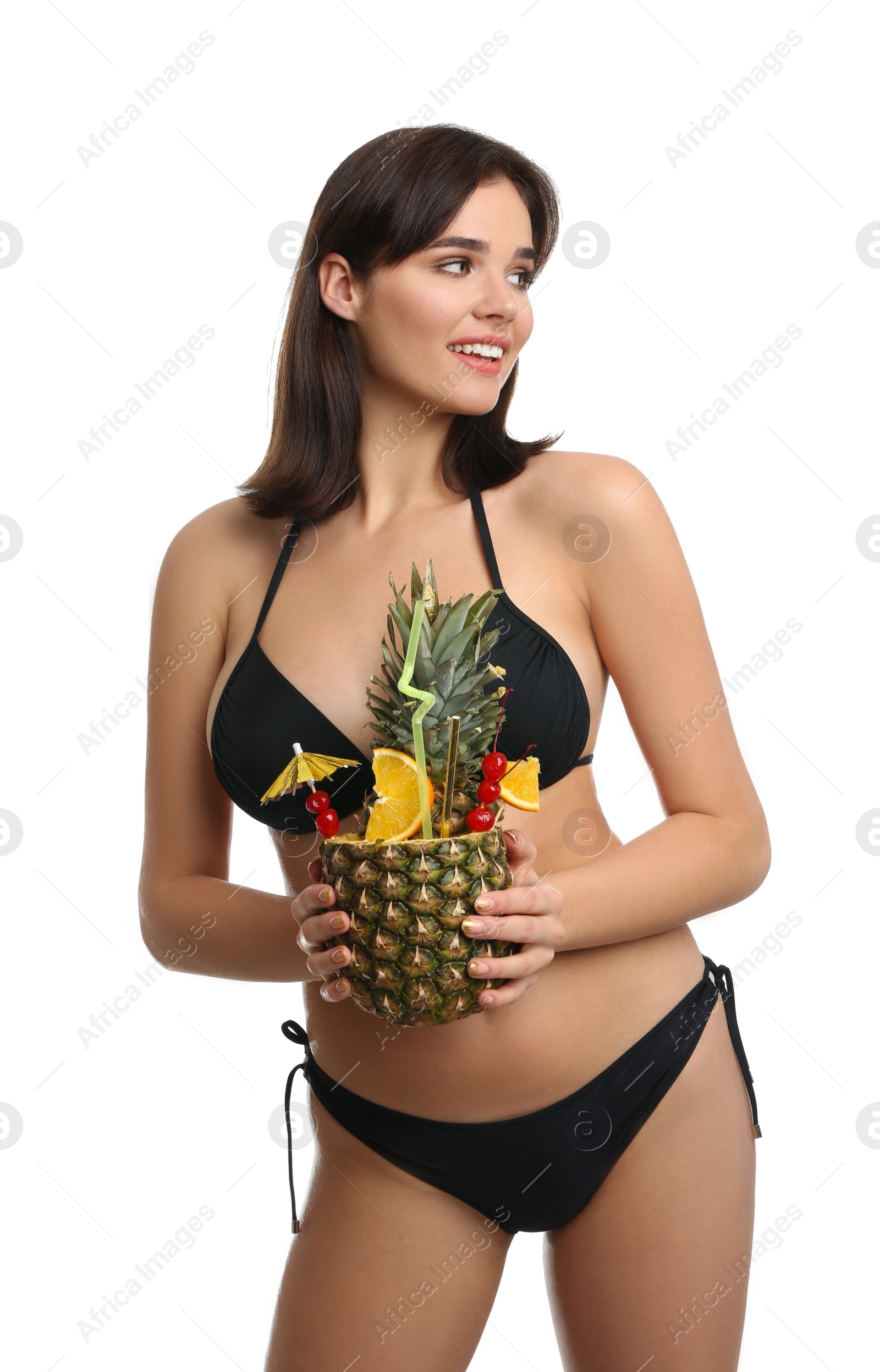 Photo of Beautiful woman in stylish bikini holding tropical cocktail on white background