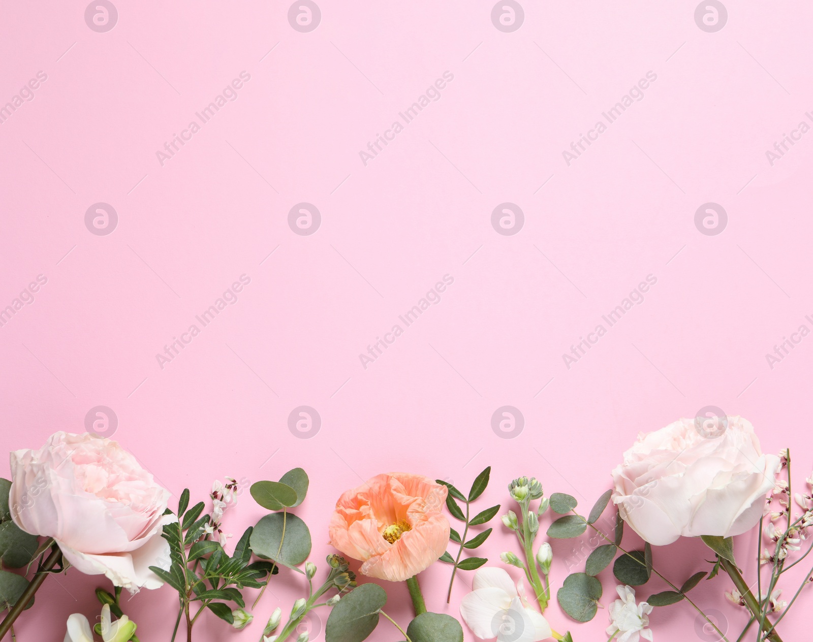 Photo of Flat lay composition with different beautiful flowers on pink background. Space for text