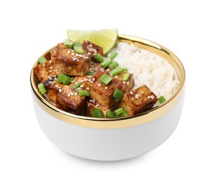 Bowl of rice with fried tofu and green onions isolated on white