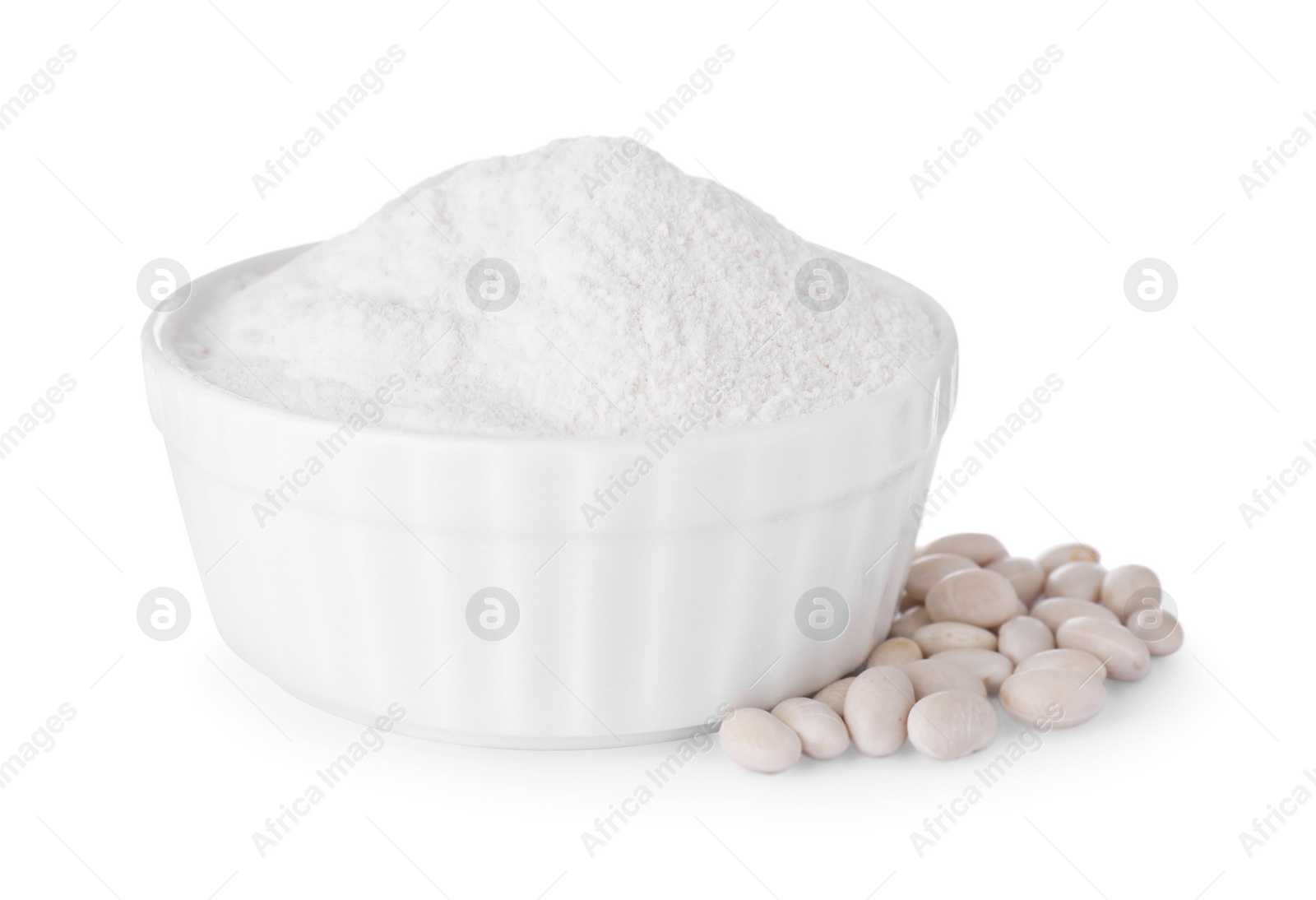 Photo of Bowl with flour and kidney beans isolated on white