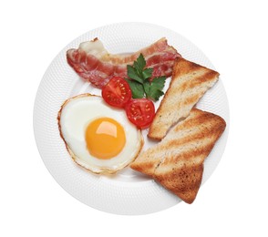 Photo of Plate with delicious fried egg, bacon and toast isolated on white, top view