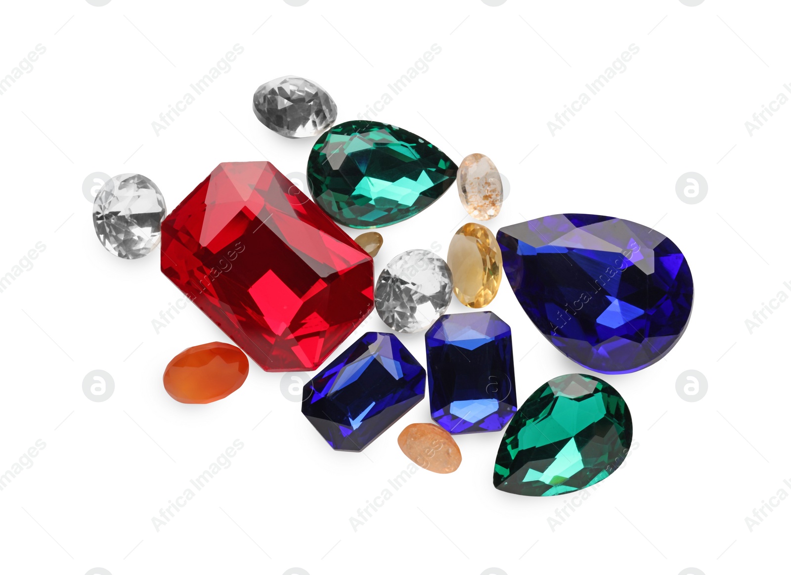 Photo of Different beautiful gemstones for jewelry isolated on white, top view