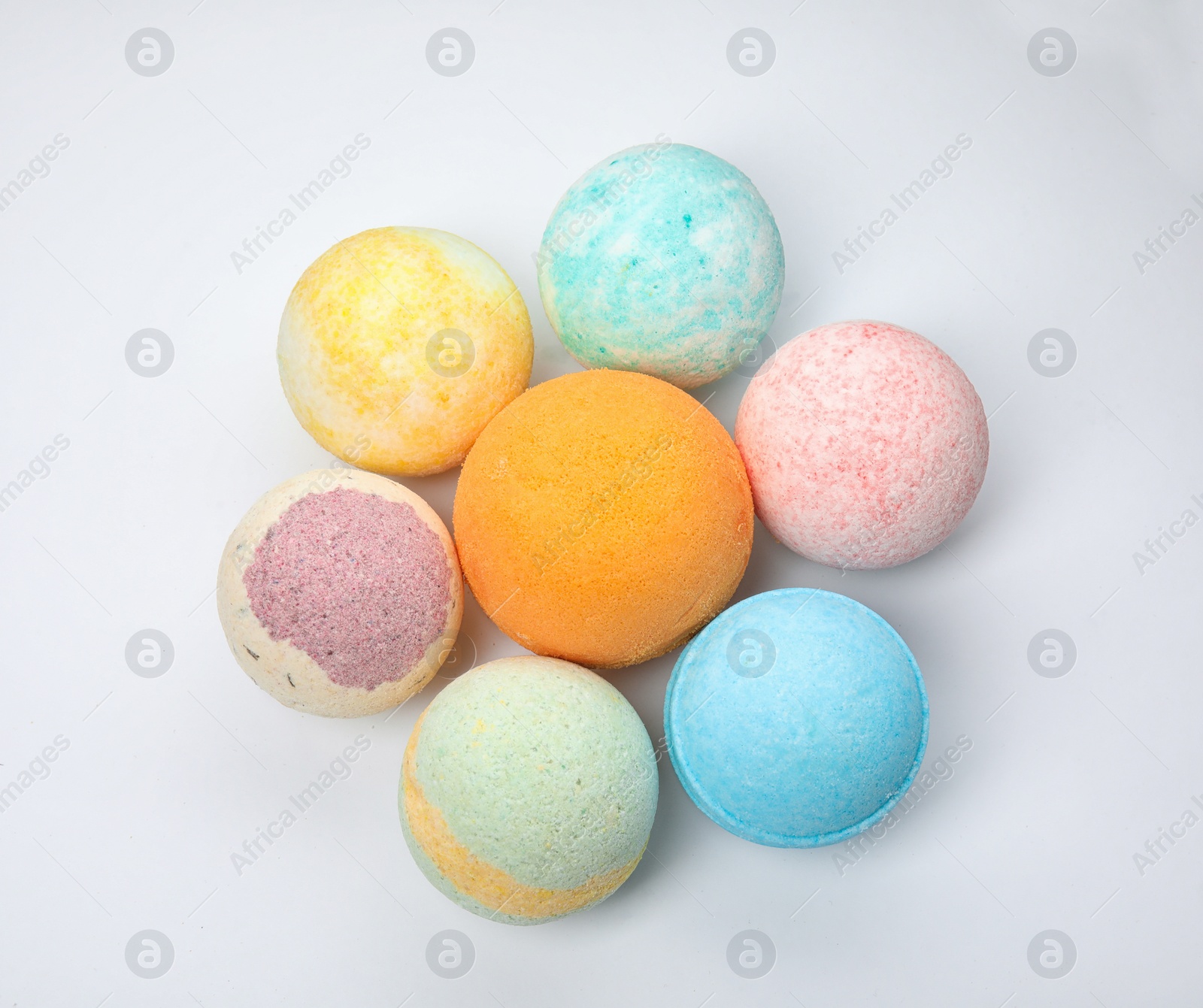 Photo of Bath bombs on white background, top view