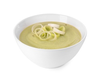 Tasty leek soup in bowl isolated on white