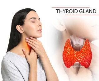 Woman and illustration of thyroid gland on white background