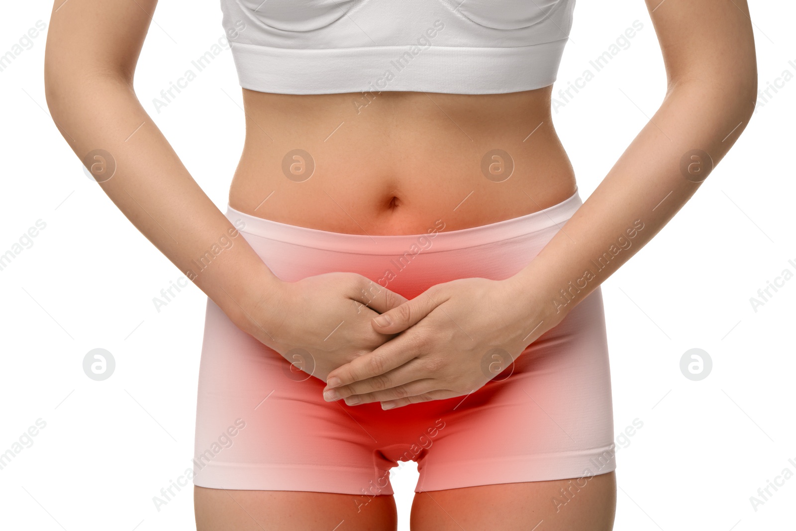 Image of Woman suffering from cystitis symptoms on white background, closeup