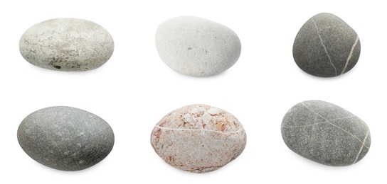 Image of Sea pebbles. Different stones isolated on white, set