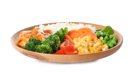 Photo of Plate with tasty rice, vegetables and meat on white background