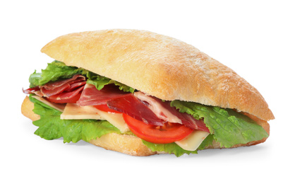 Delicious sandwich with fresh vegetables and prosciutto isolated on white