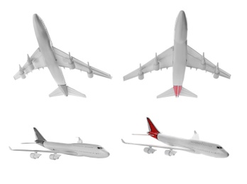 Set of toy airplanes isolated on white, various angle view