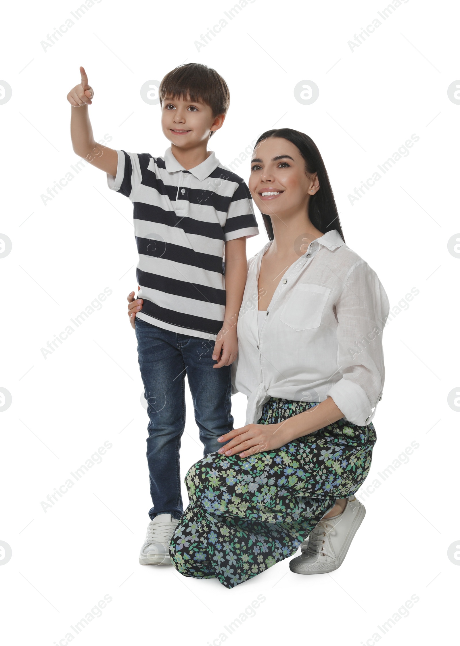 Photo of Little boy with his mother on white background