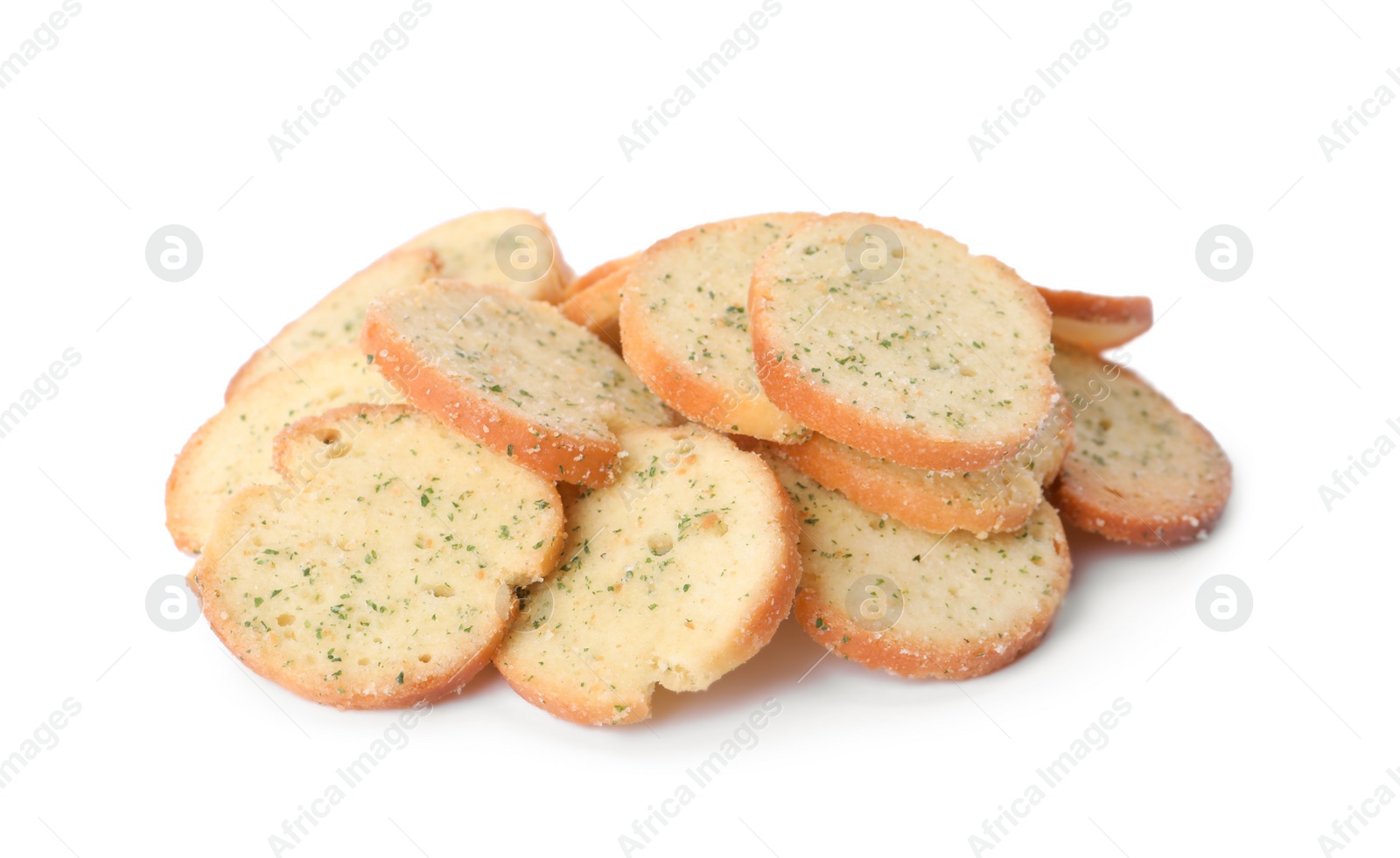 Photo of Heap of crispy rusks with seasoning on white background