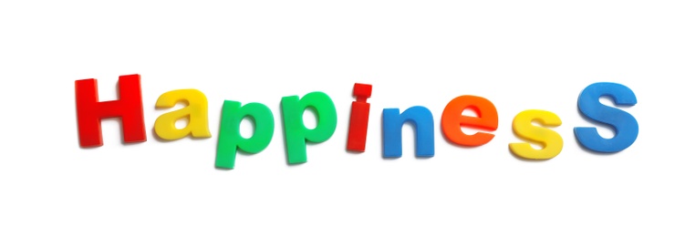 Photo of Word HAPPINESS of magnetic letters on white background, top view