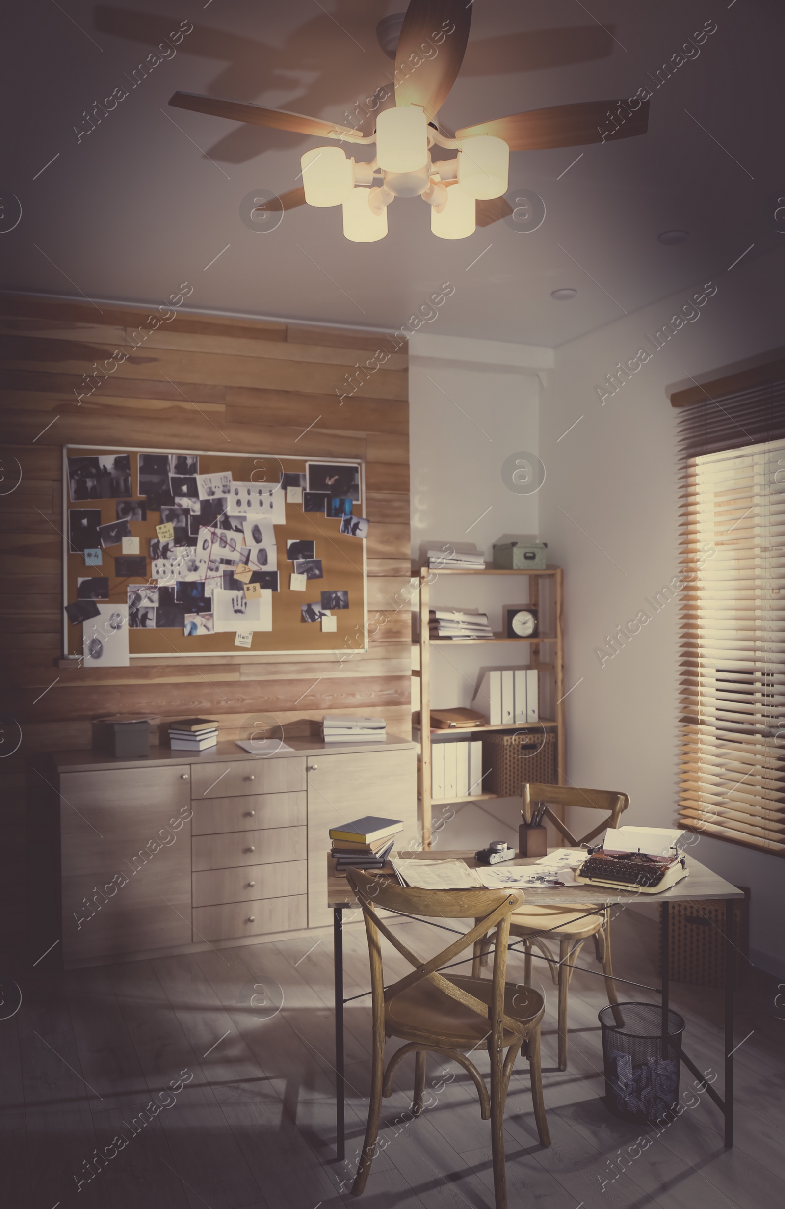 Photo of Detective office interior with evidence board on wall