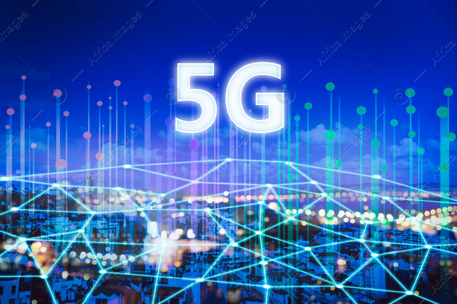 Image of 5G network wireless system. Beautiful cityscape and network connection lines 