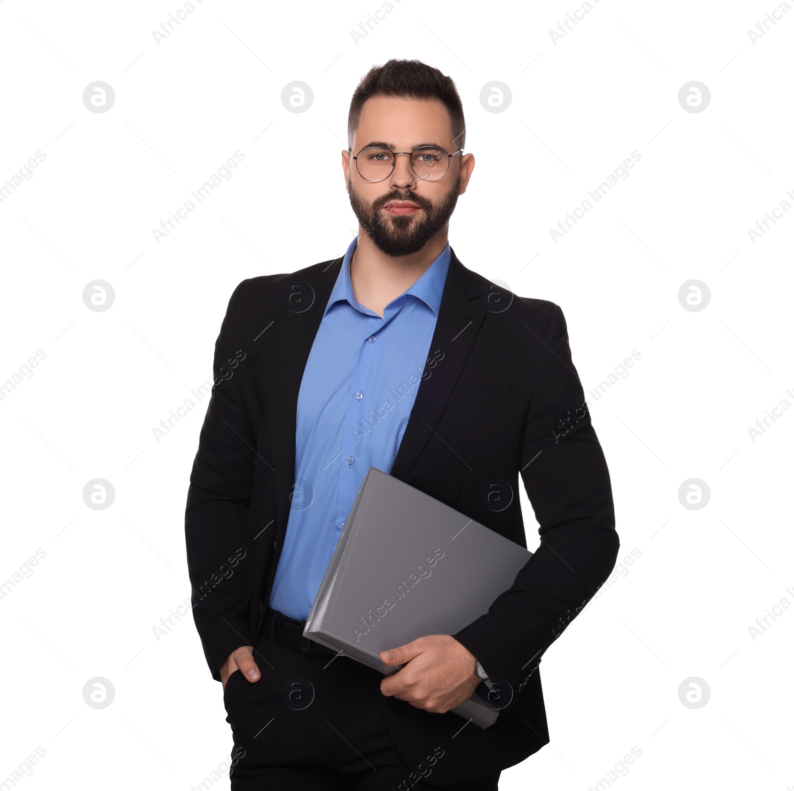 Photo of Portrait of serious man in glasses with folders on white background. Lawyer, businessman, accountant or manager