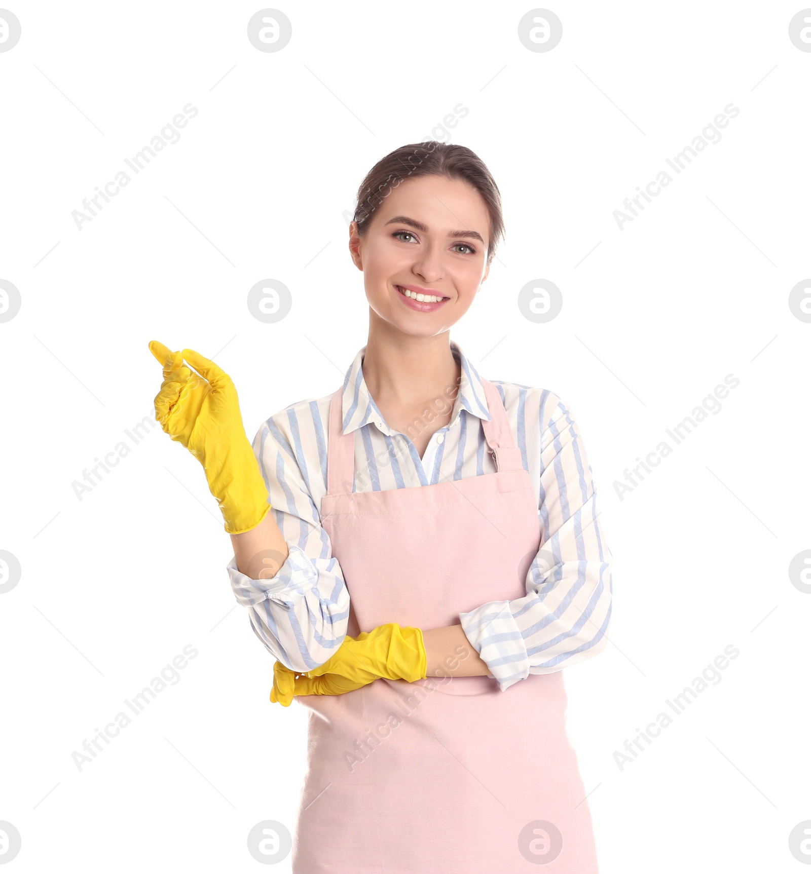 Photo of Young chambermaid wearing gloves on white background