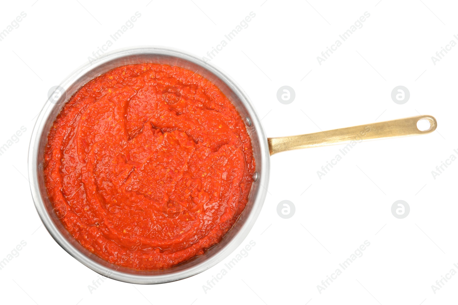 Photo of Delicious tomato sauce in pan isolated on white, top view