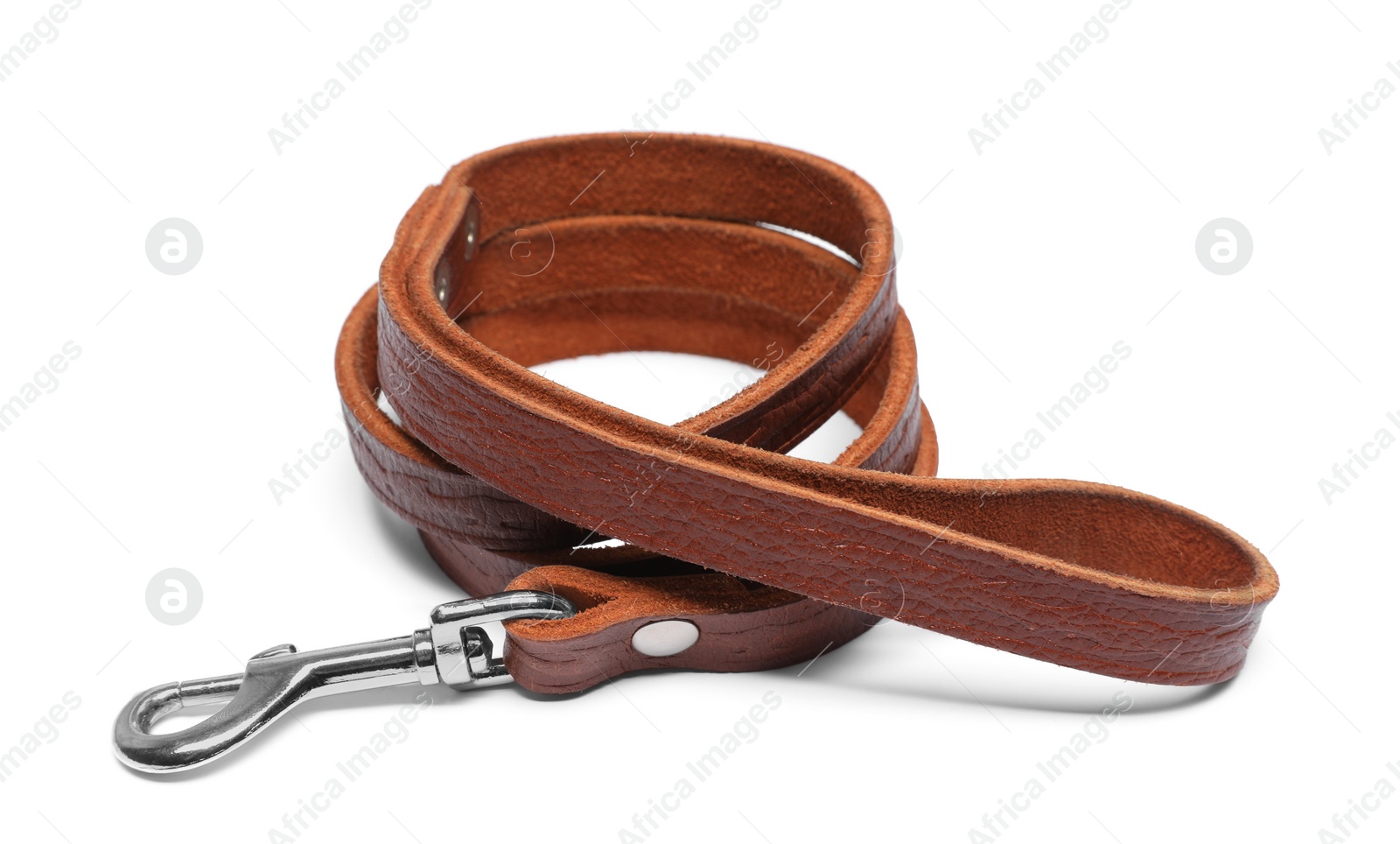 Photo of Brown leather dog leash isolated on white