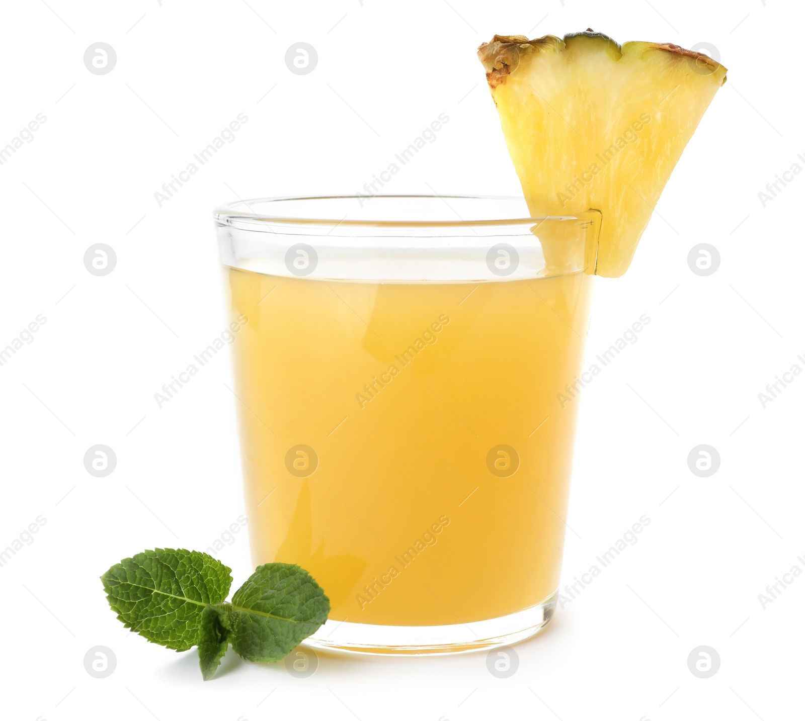 Photo of Glass with delicious pineapple juice on white background