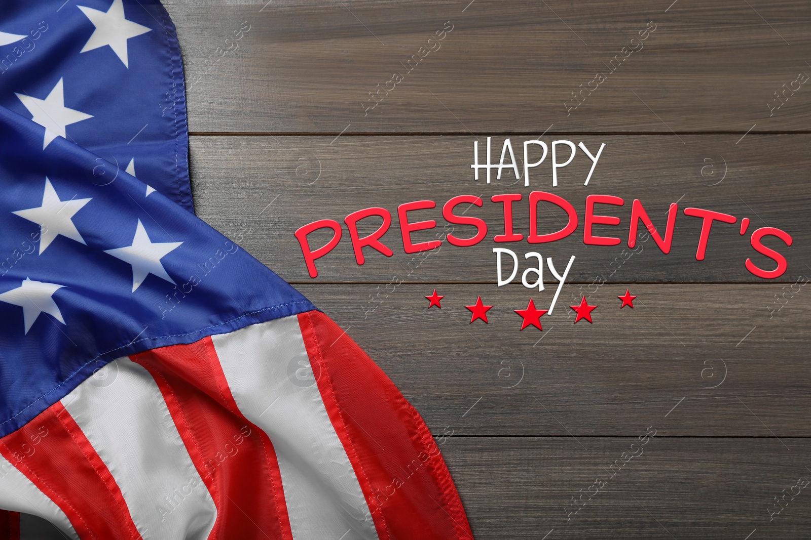 Image of Happy President's Day - federal holiday. American flag and text on wooden background, top view