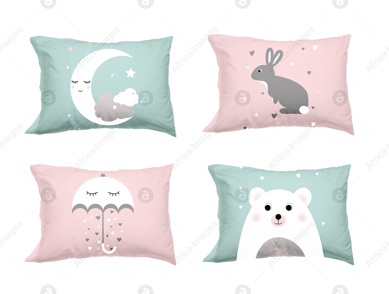 Image of Soft pillows with cute prints isolated on white, set