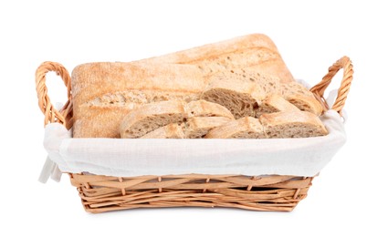 Photo of Delicious ciabattas in wicker basket isolated on white