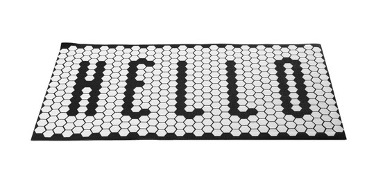 Photo of New clean door mat with word Hello isolated on white
