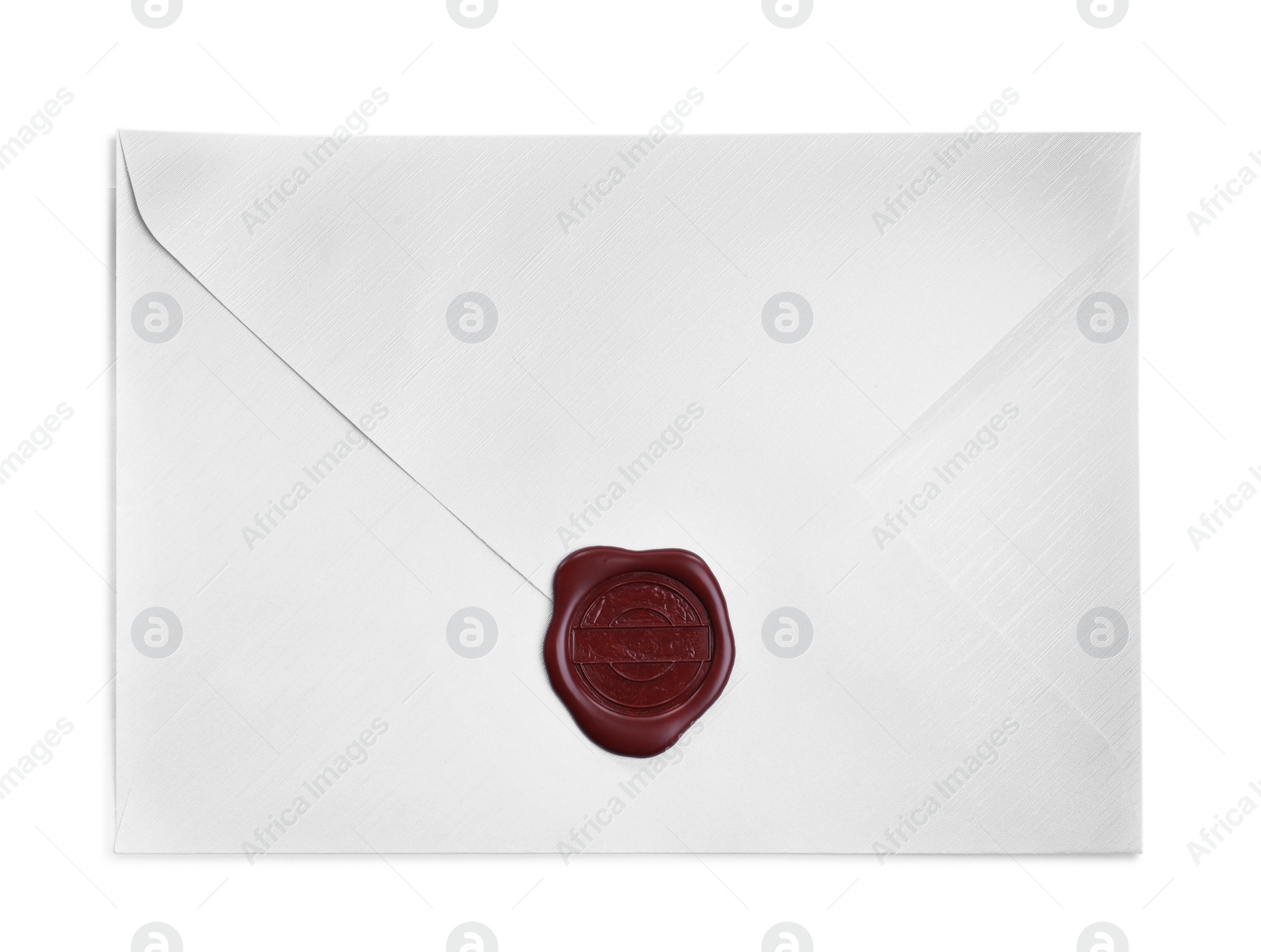 Photo of Envelope with wax seal isolated on white, top view