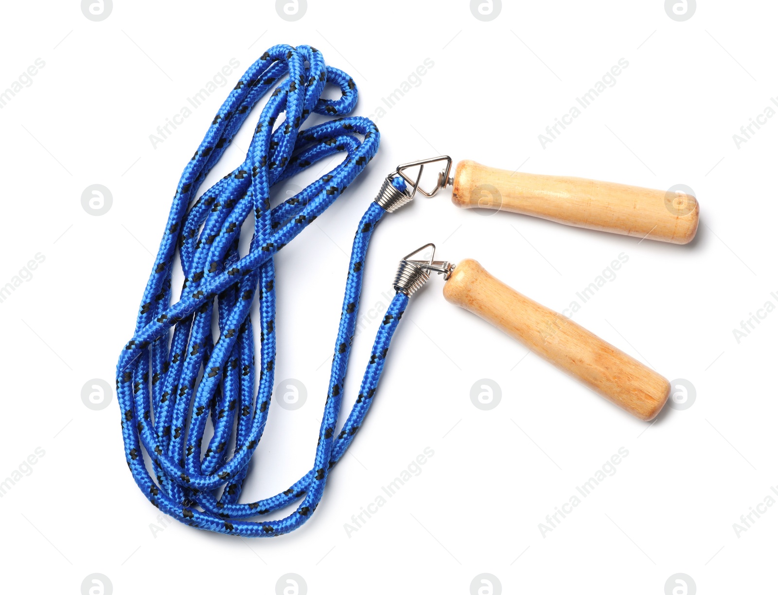 Photo of Jump rope on white background, top view. Sports equipment