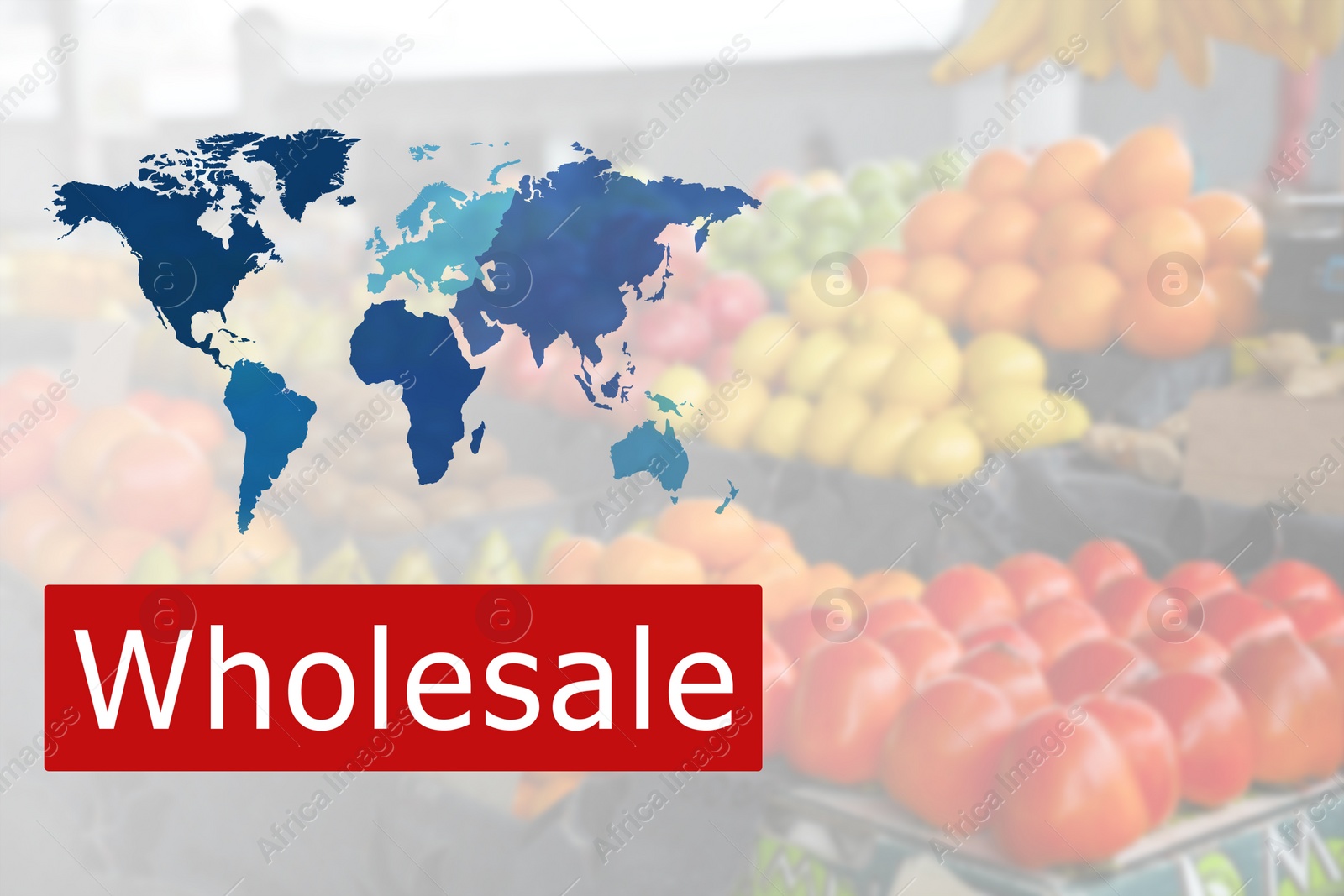 Image of Wholesale business. World map and blurred view of fruits on counter at market 