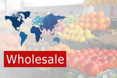 Image of Wholesale business. World map and blurred view of fruits on counter at market 