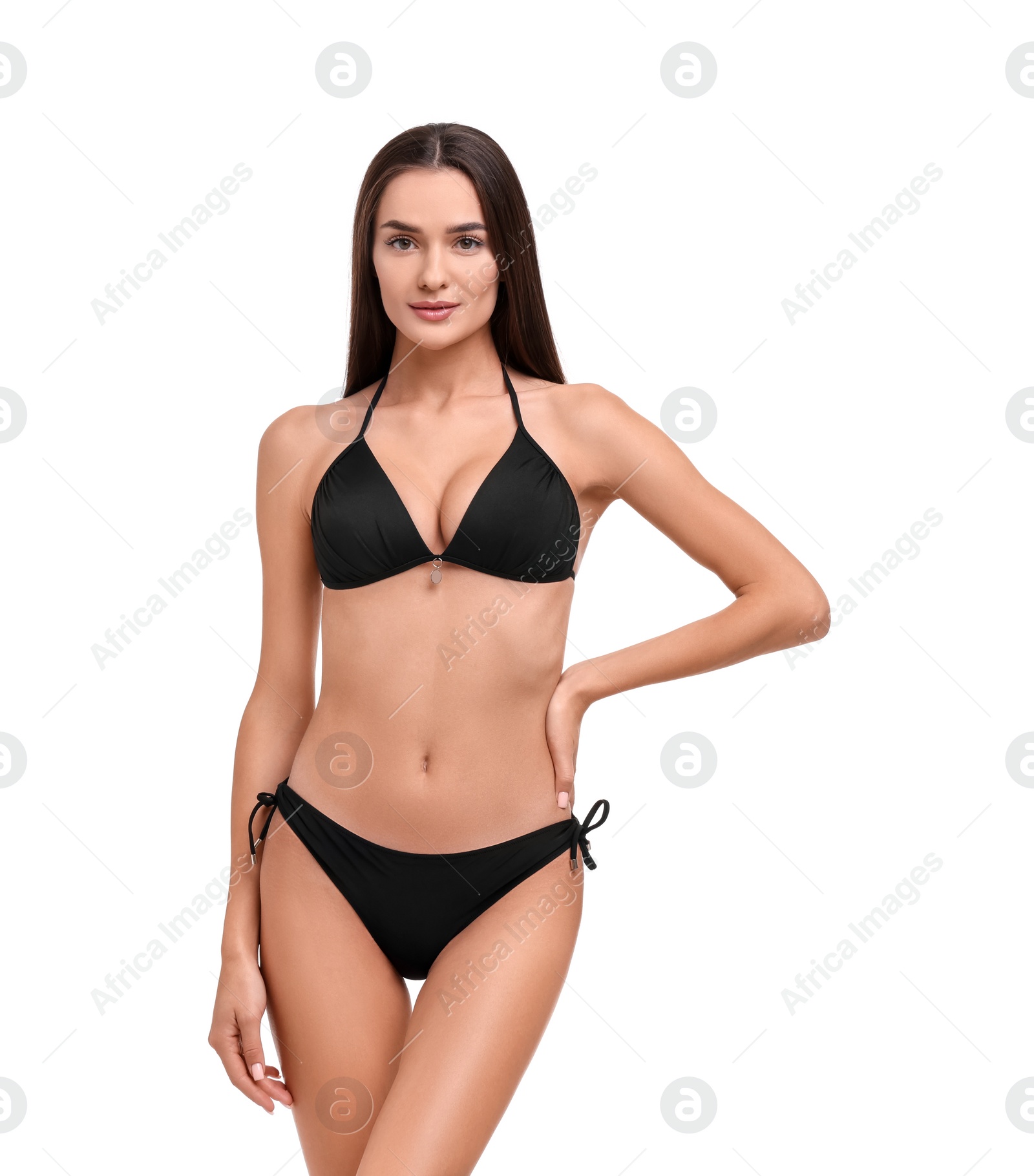 Photo of Young woman in stylish bikini isolated on white