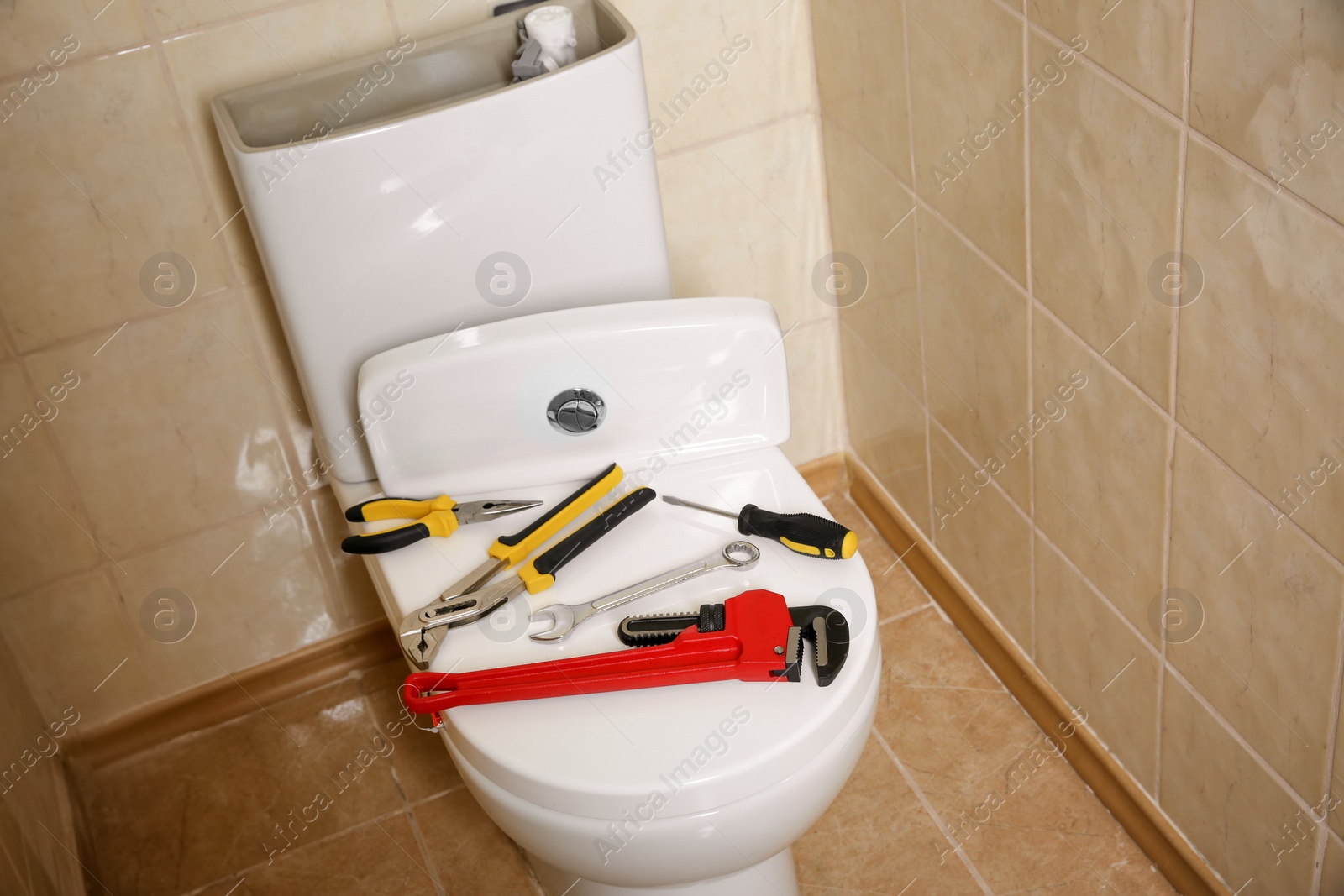 Photo of Different plumber's tools on toilet seat lid indoors