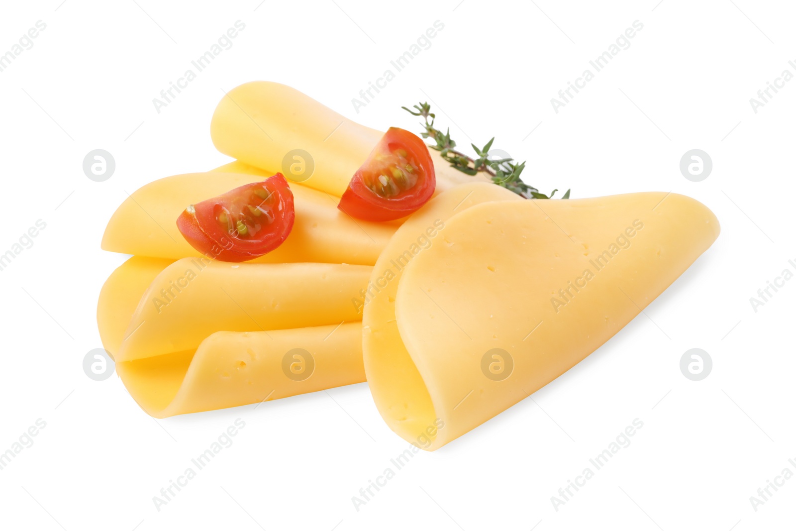 Photo of Slices of tasty fresh cheese, tomatoes and thyme isolated on white