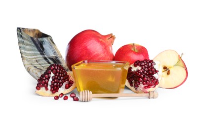 Photo of Honey, apples and pomegranates on white background. Rosh Hashanah holiday