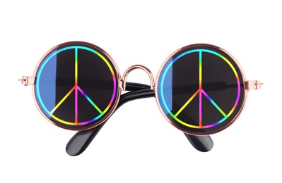 Stylish sunglasses with colorful hippie peace symbol on black lenses on white background