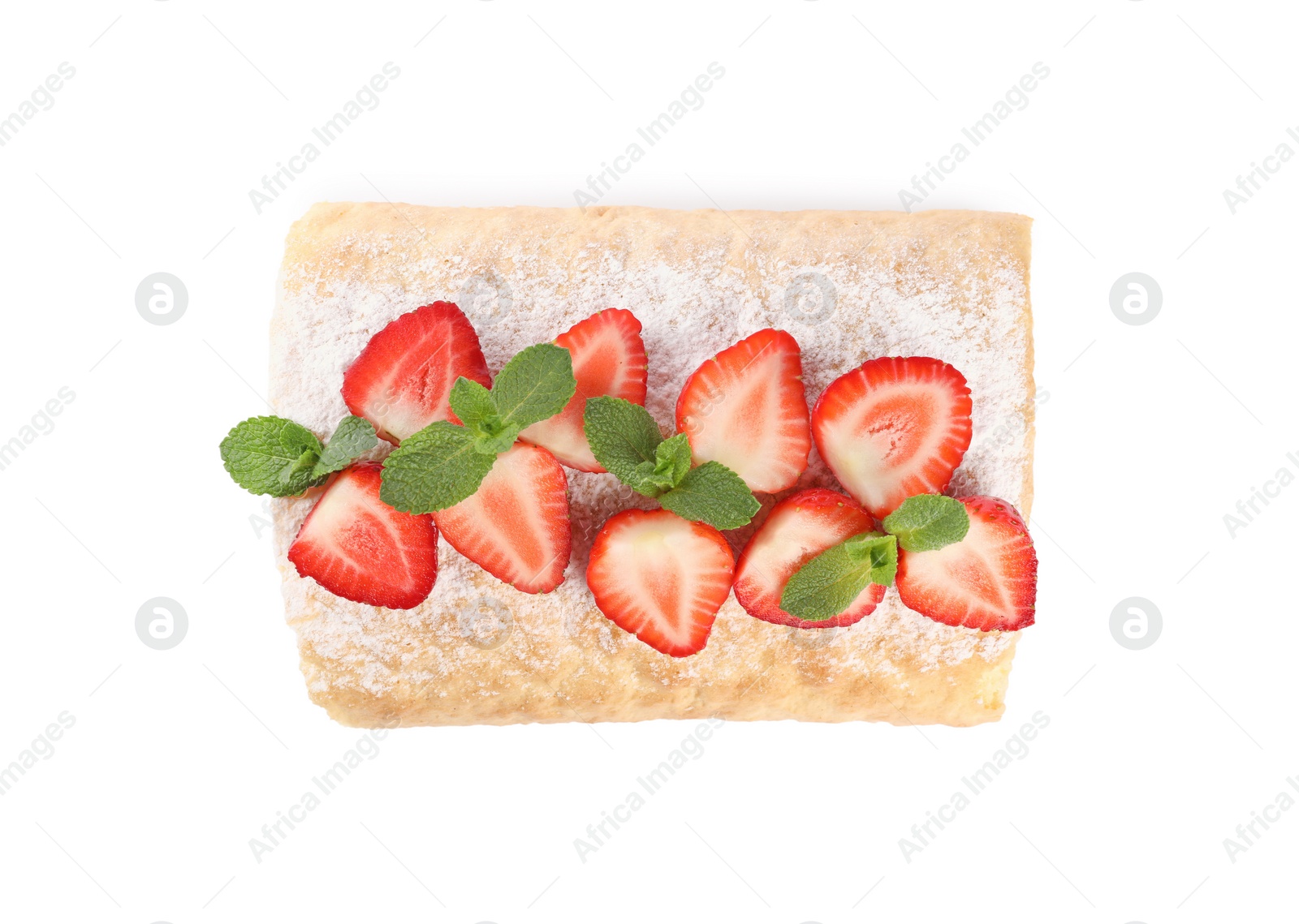 Photo of Delicious cake roll with strawberries and mint isolated on white, top view