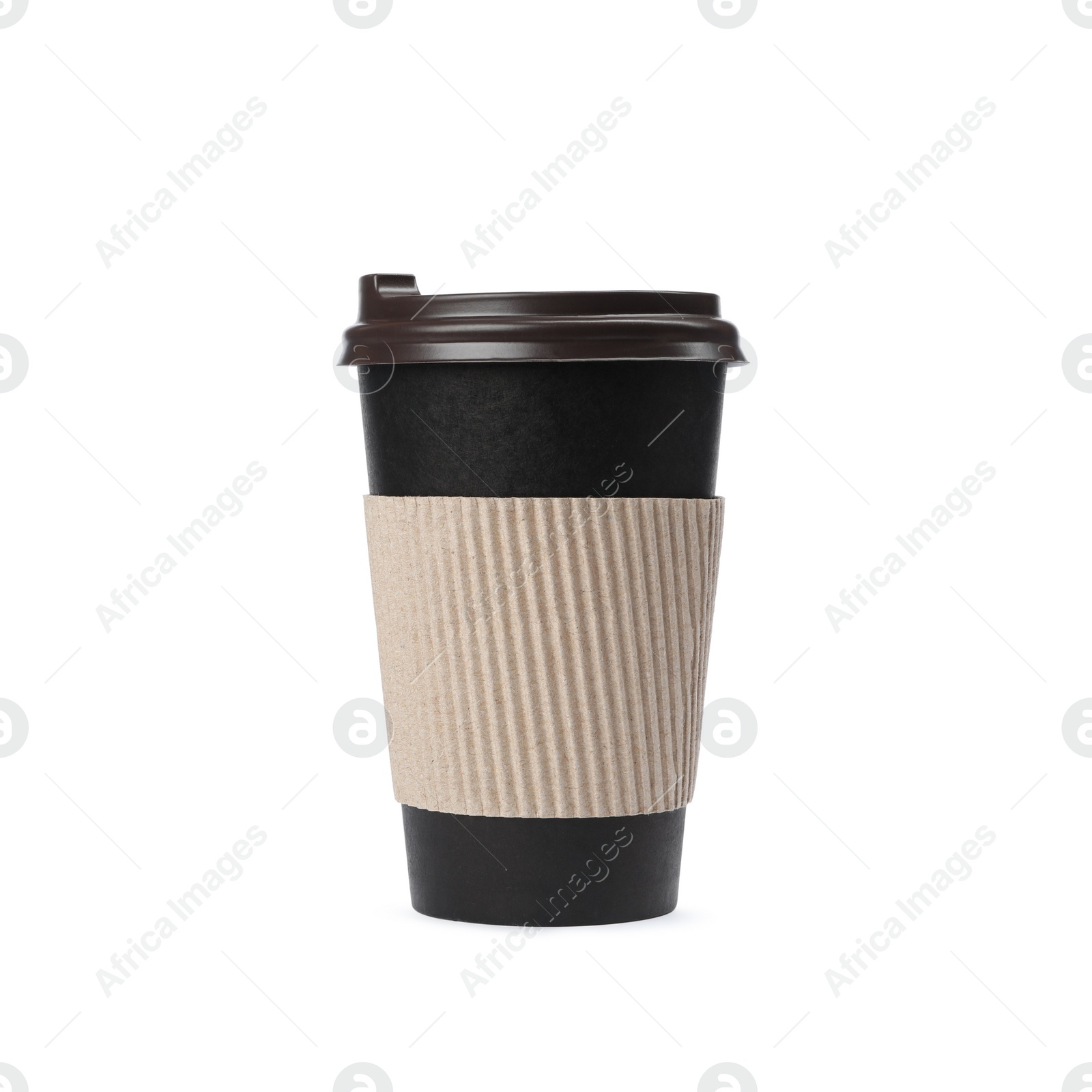 Photo of Takeaway paper coffee cup with cardboard sleeve isolated on white