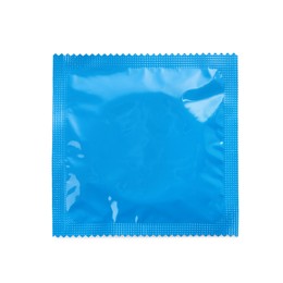 Photo of Condom package isolated on white, top view. Safe sex