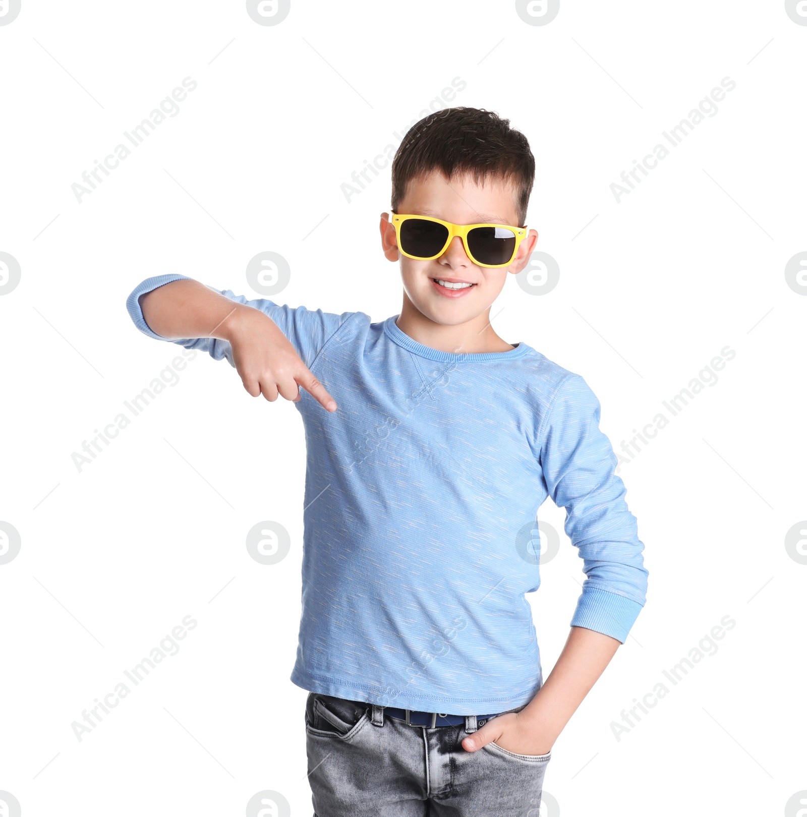 Photo of Little boy in long sleeve t-shirt on white background. Mock-up for design