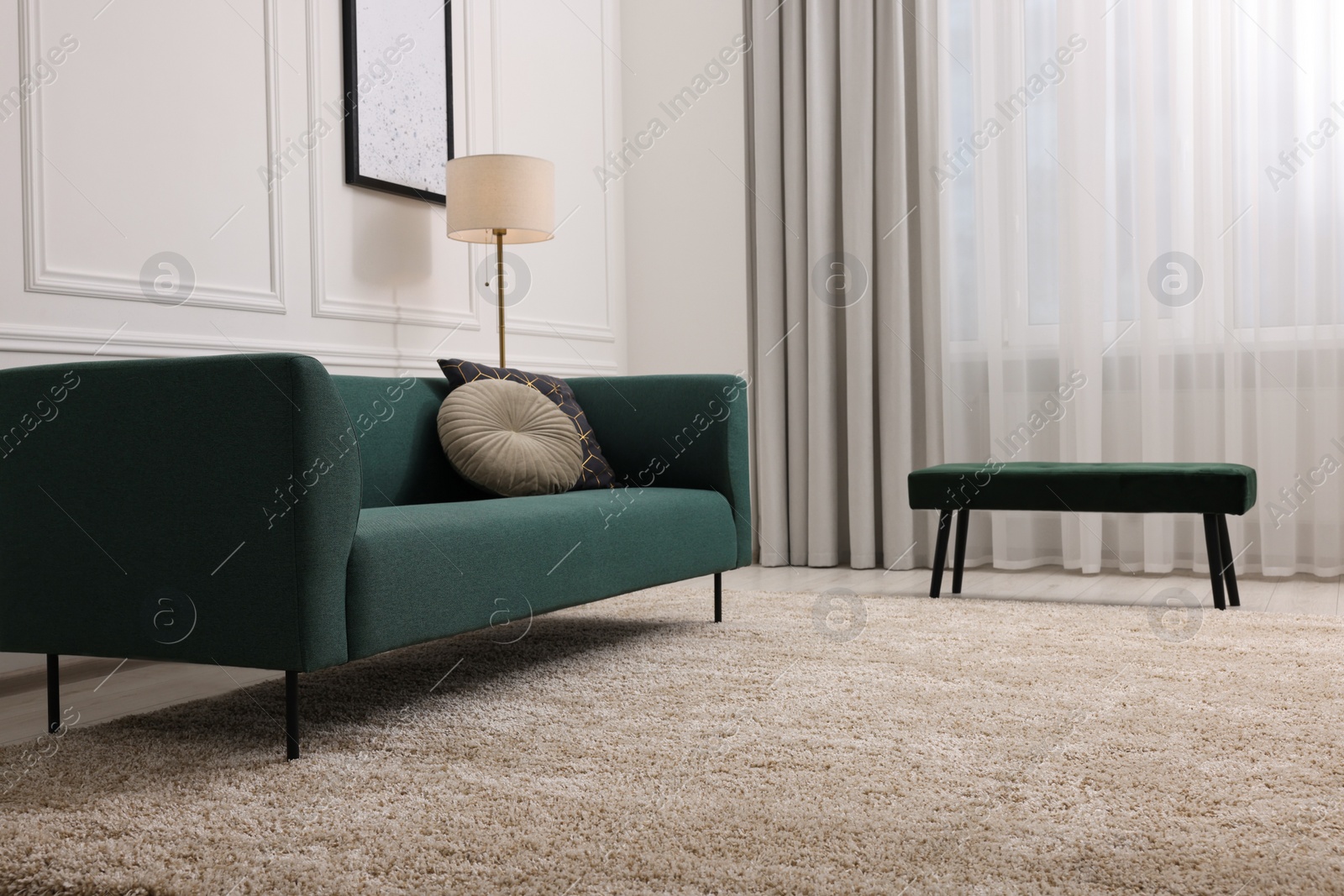 Photo of Stylish living room with soft beige carpet and sofa. Interior design