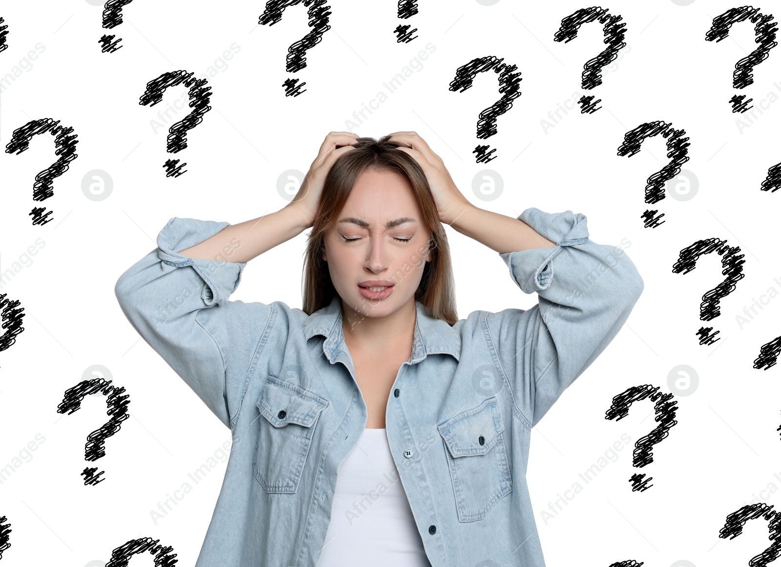 Image of Amnesia. Confused young woman and question marks on white background